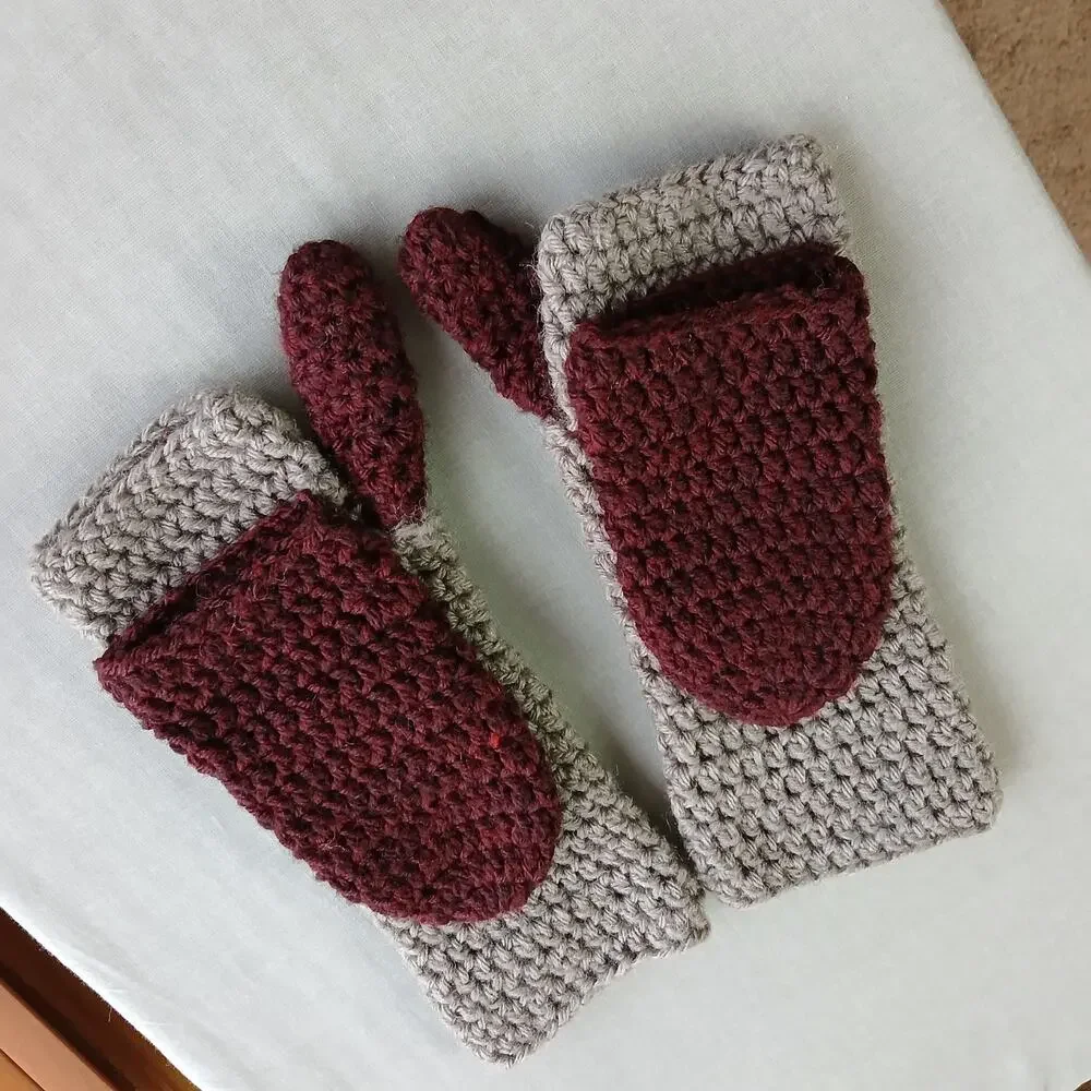 Convertible Crochet Fingerless Mitten Gloves adult size two-tone neutral premade